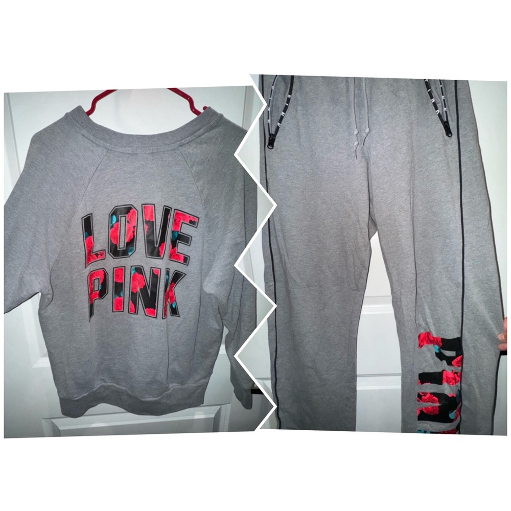 Love PINK grey and red rose sweat suit set